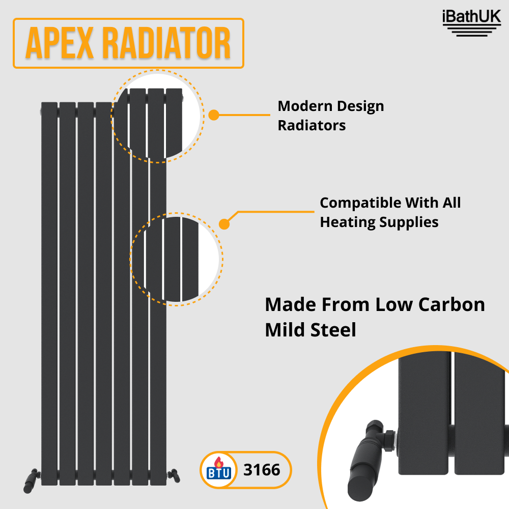 iBathUK Apex Vertical Single Panel Slim Flat Radiator, Designer Slim Radiator