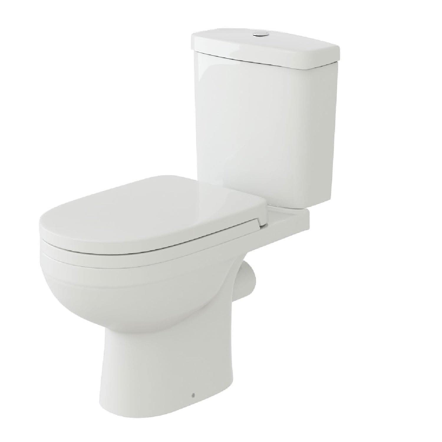 The iBathUK Petite Modern Bathroom Suite in gloss white features a sleek ceramic toilet with a closed lid and rectangular tank, perfect for compact modern bathrooms, shown against a plain white background.