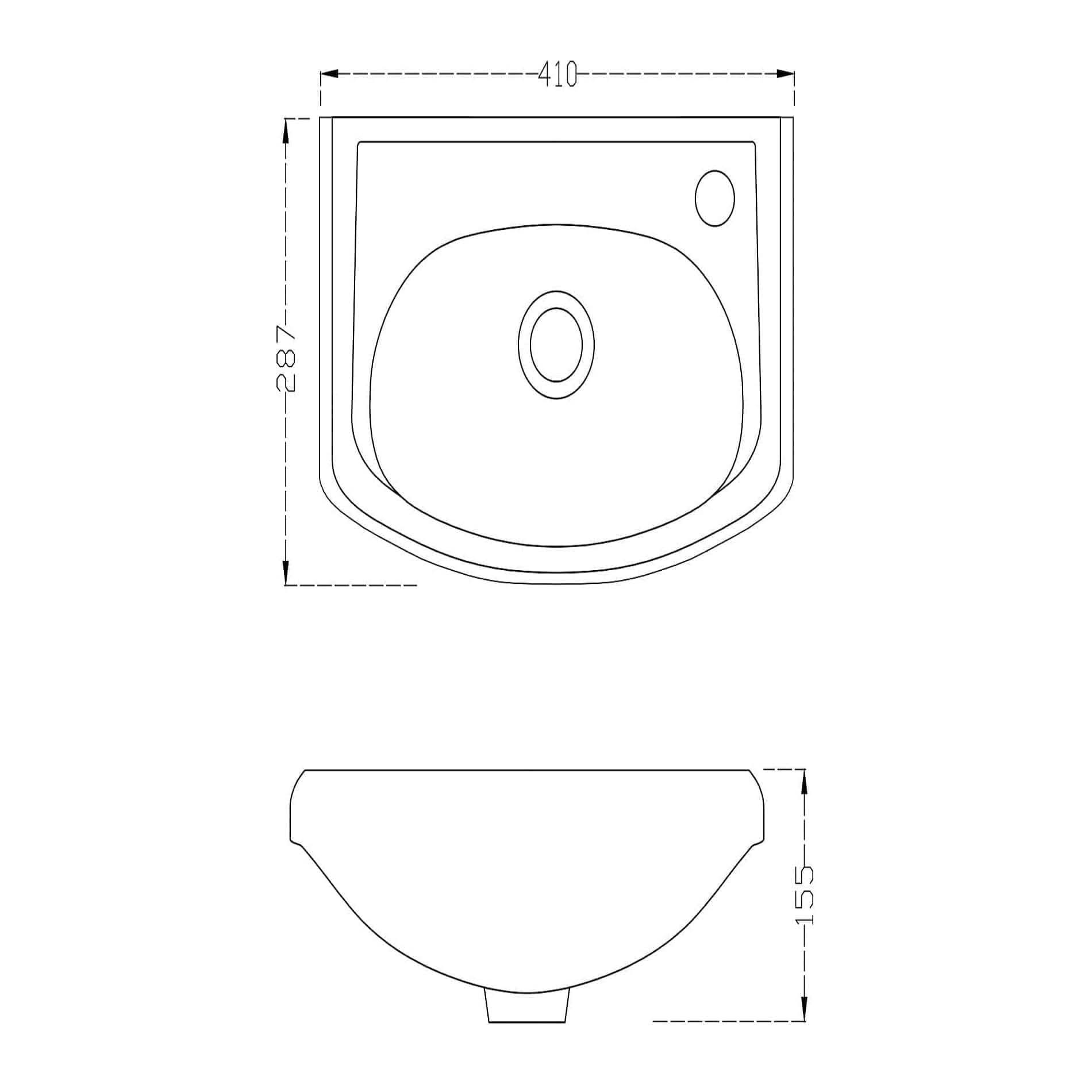 Line drawing of the iBathUK Petite Modern Bathroom Suite in Gloss White. Contemporary rectangular sink with a rounded basin, 410mm wide x 287mm deep (top view), 155mm high (side view). Visible drain and faucet hole.