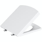 A white oval toilet seat with closed lid and visible hinges, perfect for the Avon Modern Bathroom Suite - Gloss White by iBathUK.