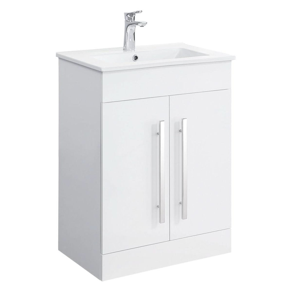 The iBathUK Avon Modern Bathroom Suite in gloss white features two cabinet doors with long silver handles, topped with a white sink and chrome faucet.