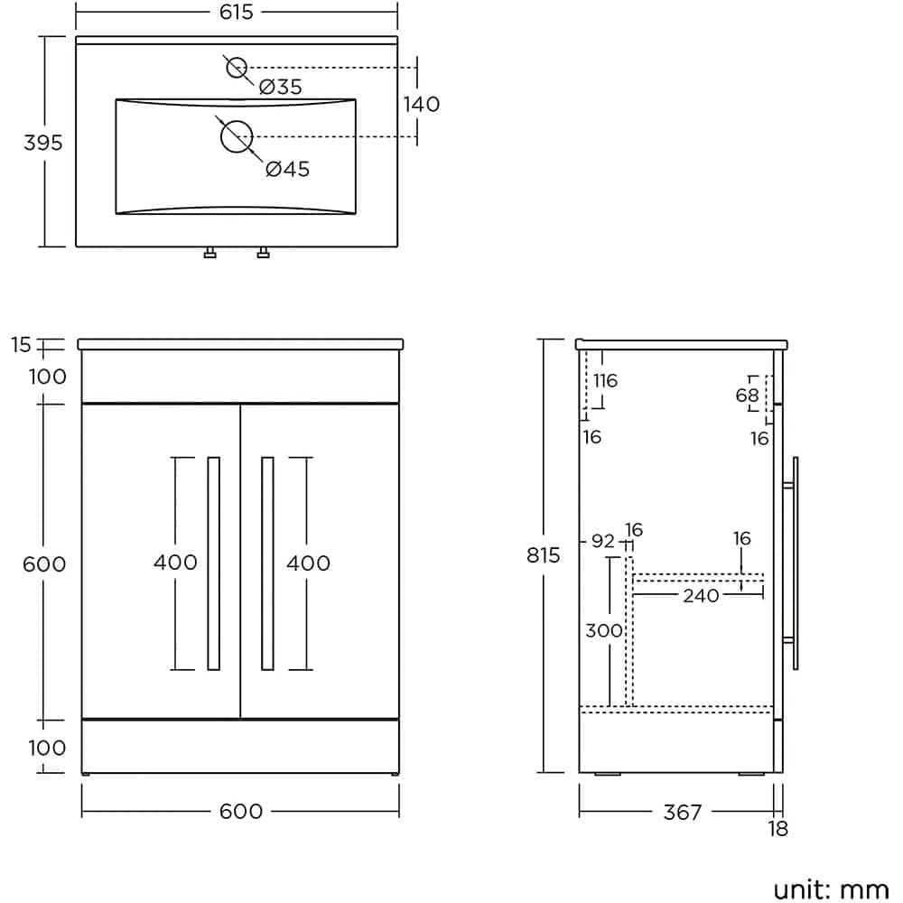 Technical drawing of the iBathUK Avon Modern Bathroom Suite - Gloss White vanity unit, showing front, top, and side views with clearly labeled millimeter measurements for width, height, depth, sink position, and cabinet compartments.