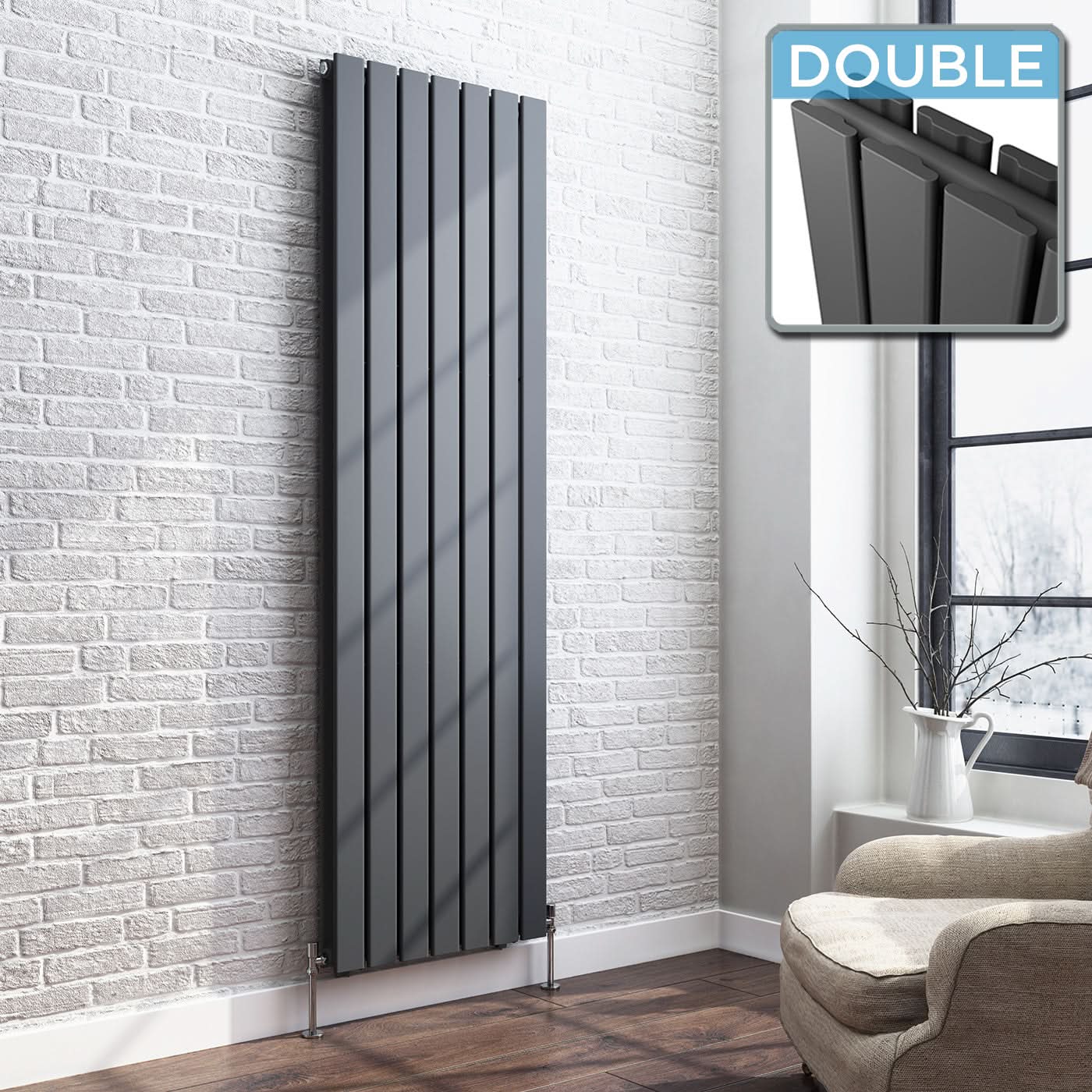 iBathUK Apex Vertical Double Slim Flat Panel Radiator, Designer Radiator, Vertical Radiators