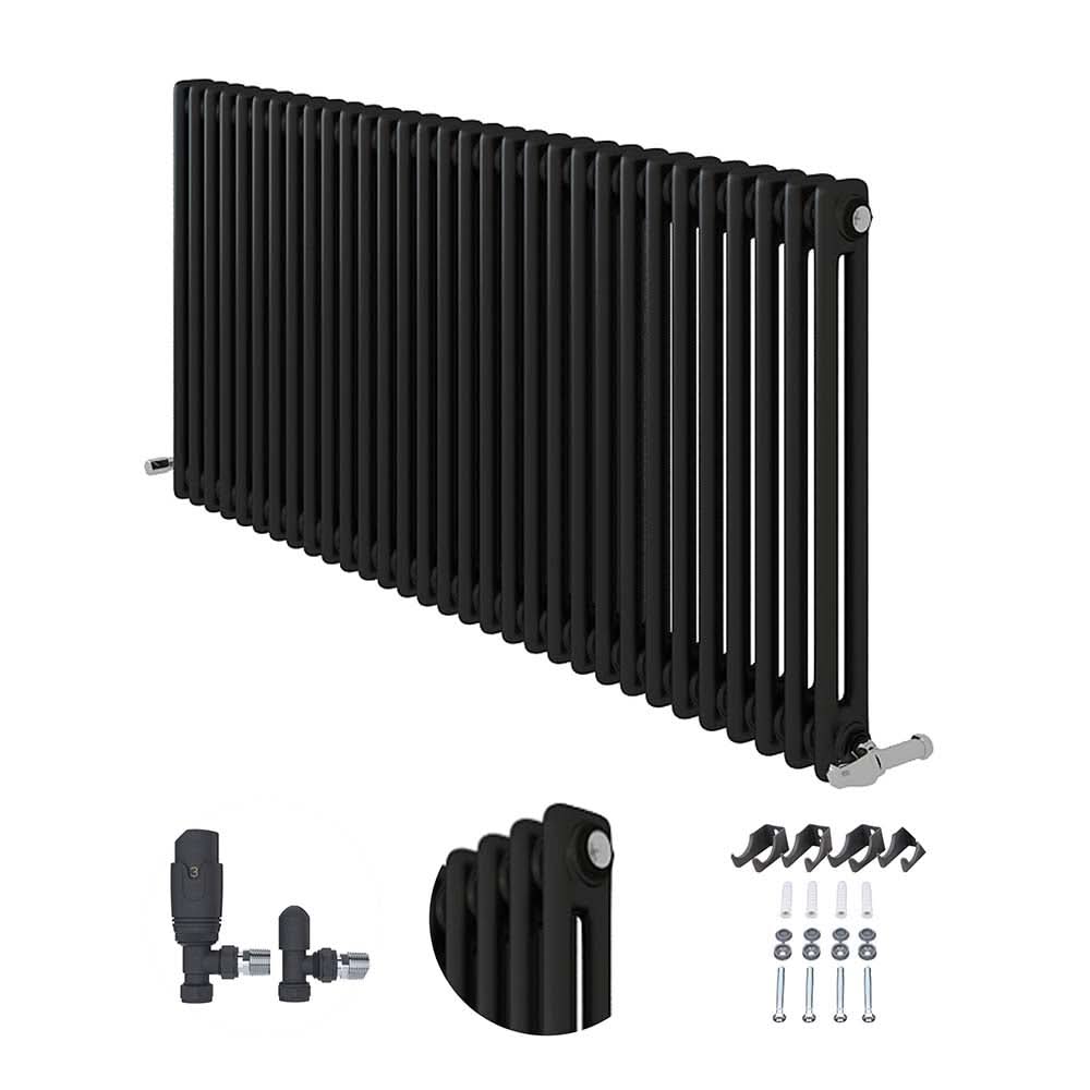 The iBathUK Regency Horizontal Column Radiator is a double panel, slim designer radiator in anthracite with wall brackets, screws, and valves; close-up shows the radiator’s vertical columns.