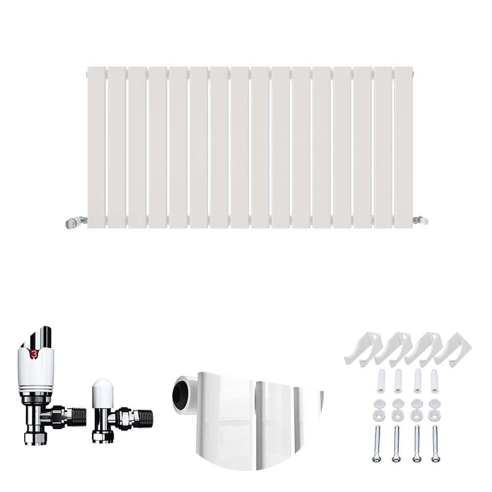 The iBathUK Apex Horizontal Single Panel Slim Flat Radiator comes with matching installation accessories, including valves, wall brackets, and screws, by iBathUK.