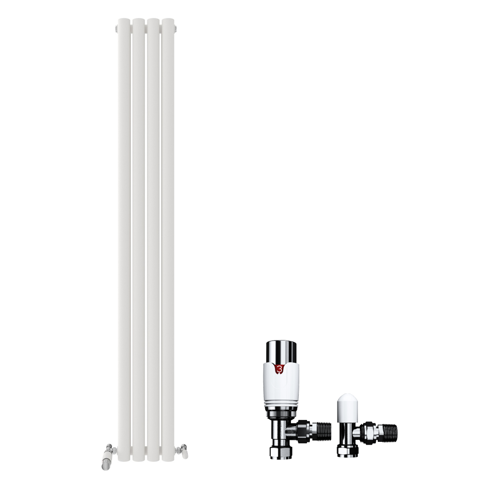 On the left is the iBathUK Strata Vertical Radiator, a double oval panel radiator in white. On the right, two shiny metal radiator valves are displayed, all set against a white background.