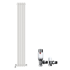 On the left is the iBathUK Strata Vertical Radiator, a double oval panel radiator in white. On the right, two shiny metal radiator valves are displayed, all set against a white background.