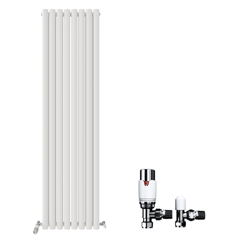 The iBathUK Strata Vertical Double Oval Panel Radiator in white appears on the left, while two chrome radiator valves are shown on the right, all set against a white background.