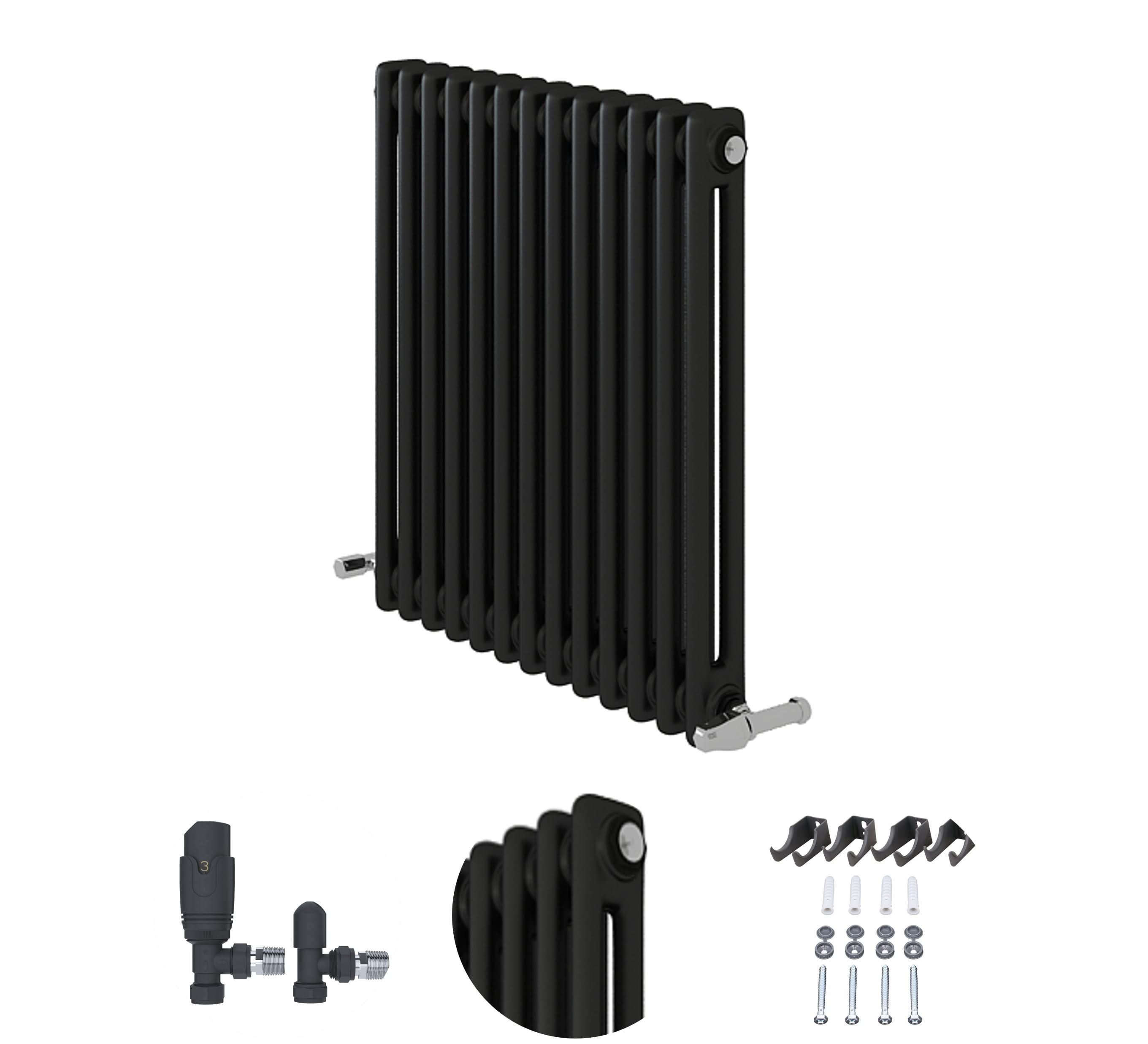 The iBathUK Regency Horizontal Column Radiator in anthracite features a modern double panel design with slim horizontal bars. Installation accessories—radiator valve, wall brackets, and screws—are displayed separately for clarity.