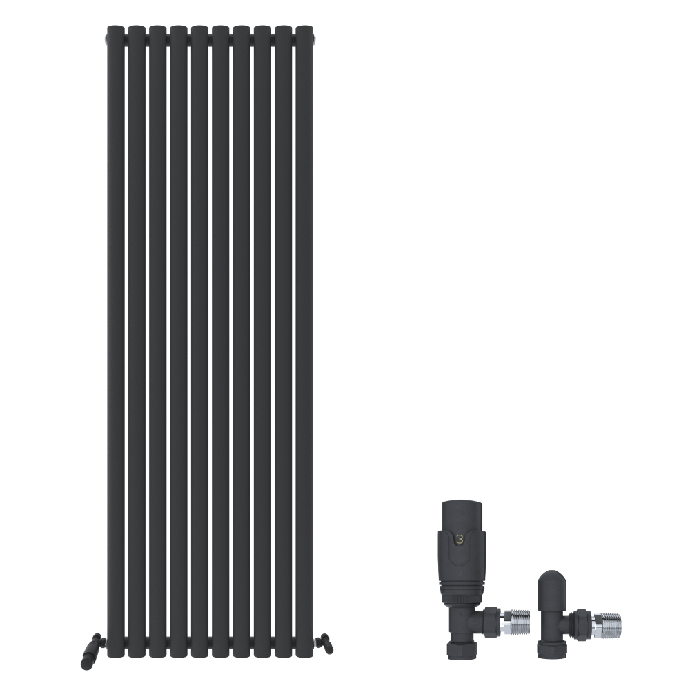 The iBathUK Strata Vertical Radiator is a tall, black designer single oval panel radiator with evenly spaced bars, shown with matching black angled valves on the right side against a white background.