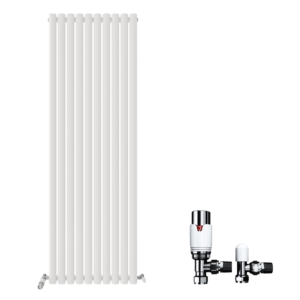 The iBathUK Strata Vertical Radiator, a tall white designer single oval panel with left-rounded edges, is shown next to chrome and white radiator valves by iBathUK, all set against a plain white background.