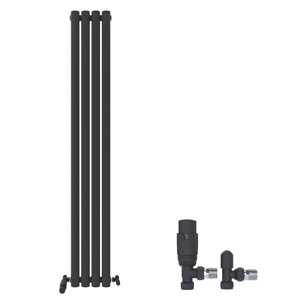 The iBathUK Strata Vertical Radiator, a black single oval panel designer radiator, is displayed with a matching black angled thermostatic valve set on the right, all set against a white background. Brand: iBathUK.