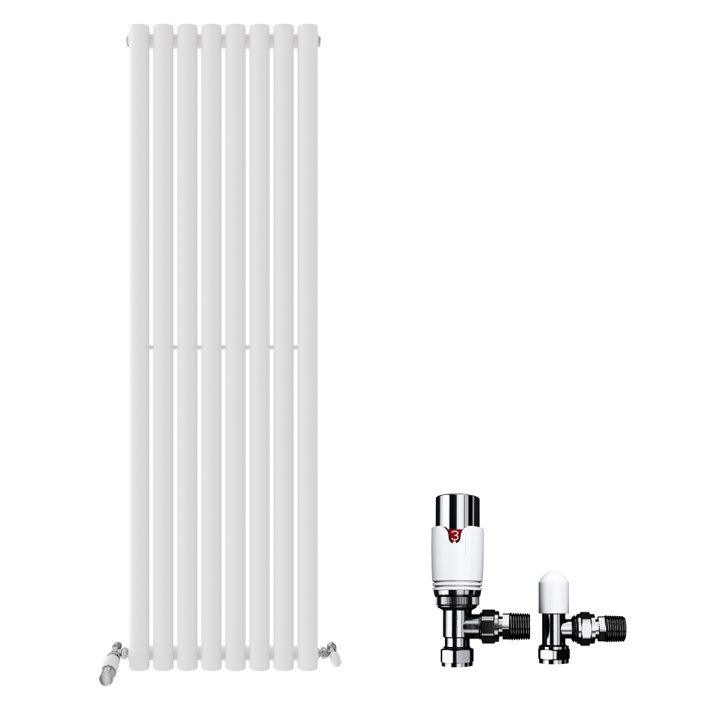 The iBathUK Strata Vertical Radiator, a tall white designer single oval panel, appears on the left. Two chrome radiator valves (one with a white cap, one metallic) are positioned to its right against a white background.