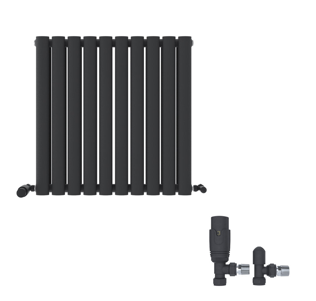 The iBathUK Strata Horizontal Radiator, a designer double oval panel radiator in white, is wall-mounted with two matching white radiator valves shown separately below.