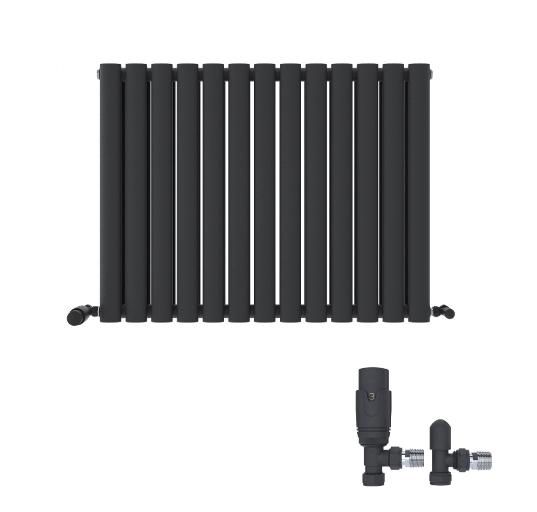 The iBathUK Strata Horizontal Radiator in white features double oval panels for a sleek designer look and includes a matching valve set with two angled valves in the lower right corner.