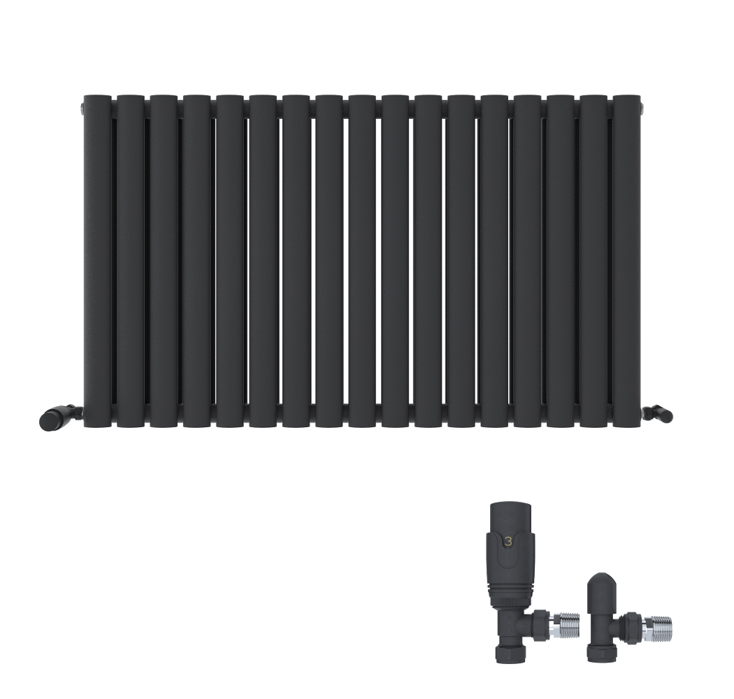 The iBathUK Strata Horizontal Radiator is a white designer double oval panel radiator, shown with matching white angled valves fitted at the bottom right.