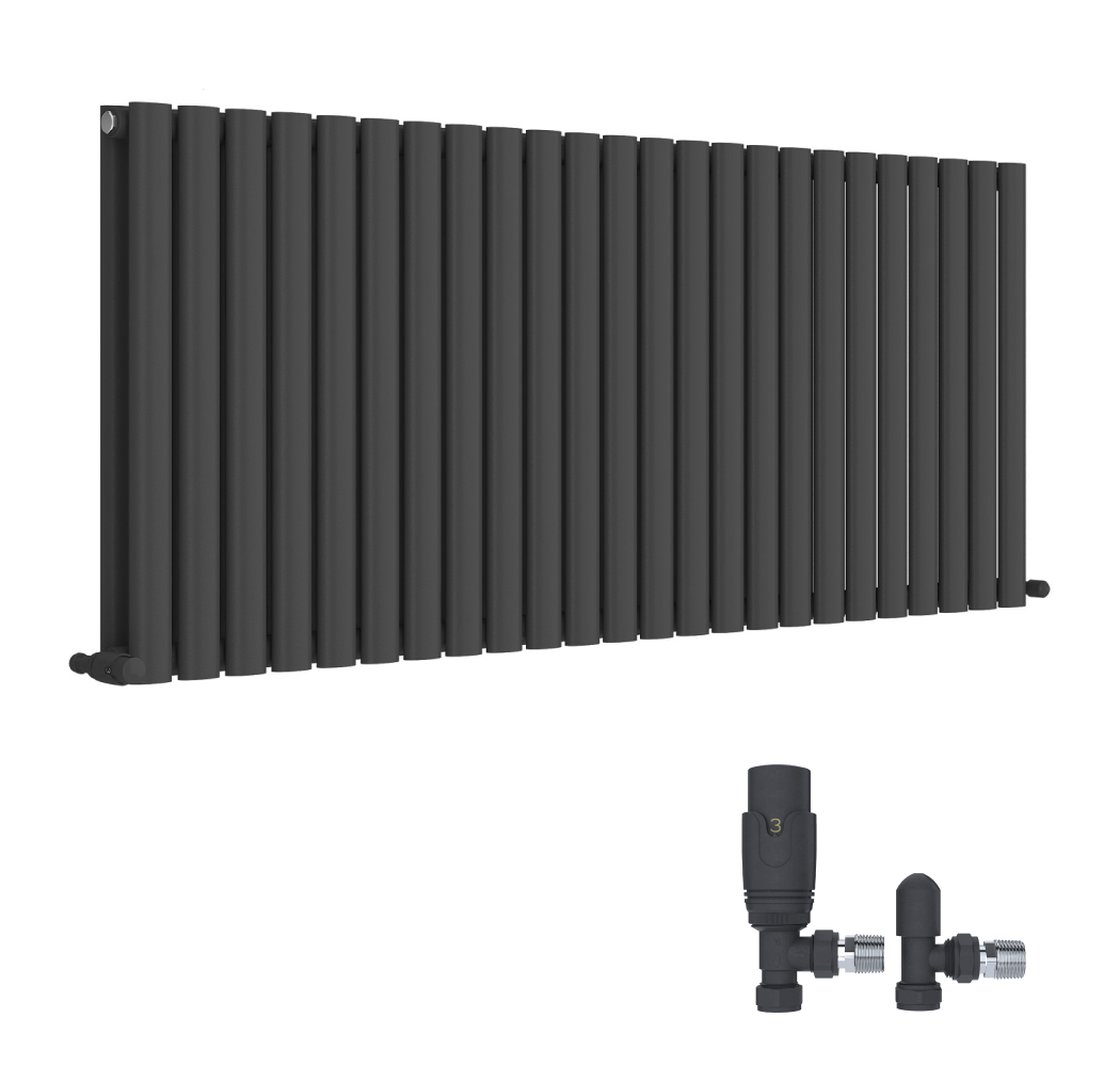 The iBathUK Strata Horizontal Double Oval Panel Radiator in white is mounted on a wall, with a matching thermostatic valve set and two connectors below.