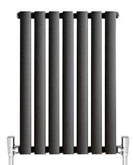 The iBathUK Strata Vertical Radiator features a single oval panel in anthracite with chrome valve fittings, providing a sleek designer look for modern interiors. Brand: iBathUK.