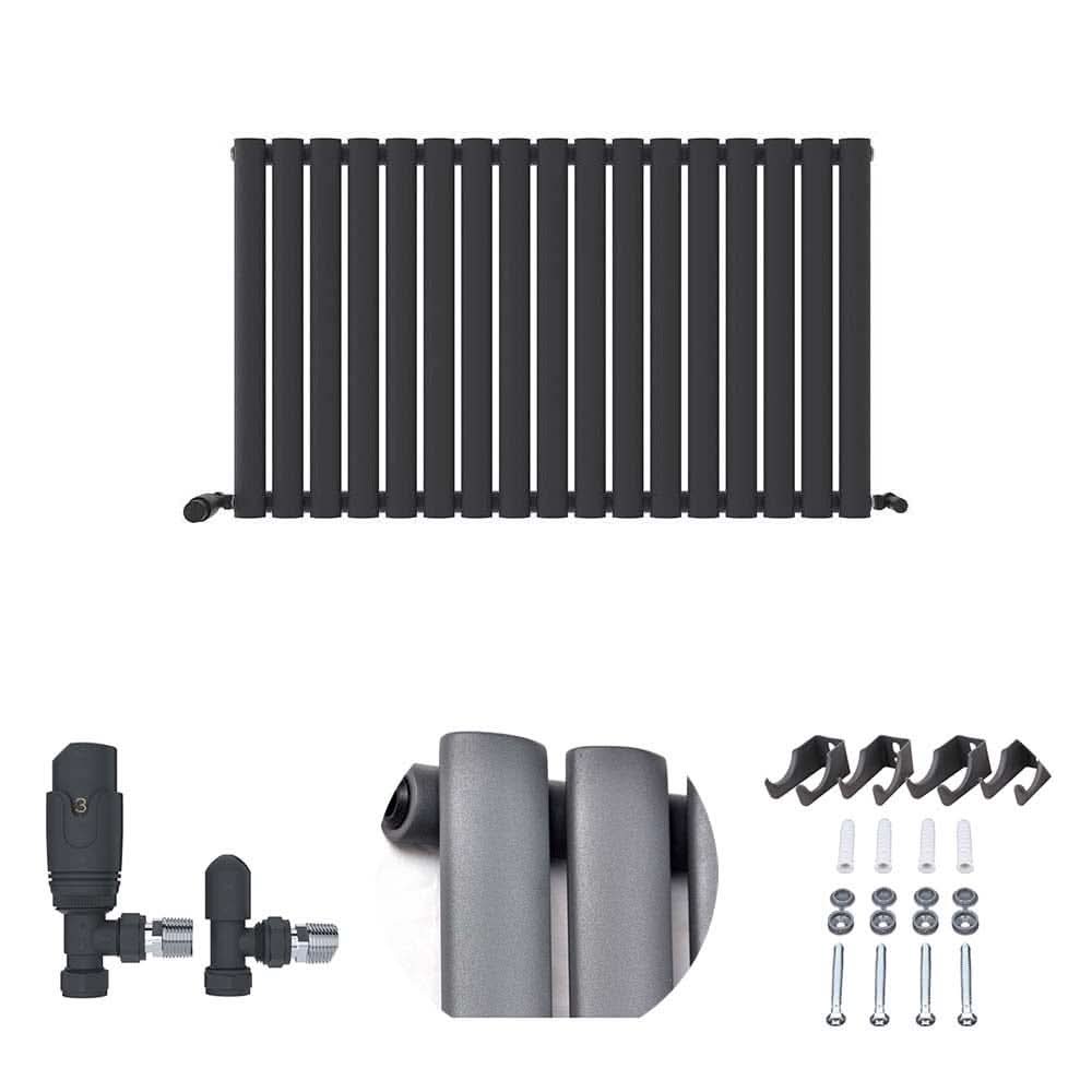 The iBathUK Strata Vertical Radiator features a modern anthracite single oval panel design with two valves, four wall brackets, and installation hardware included. Close-up of radiator bars highlights its designer look.