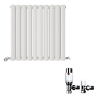 The iBathUK Strata Horizontal Radiator, a white double oval panel designer radiator, is displayed above two silver and white radiator valves on a plain white background.