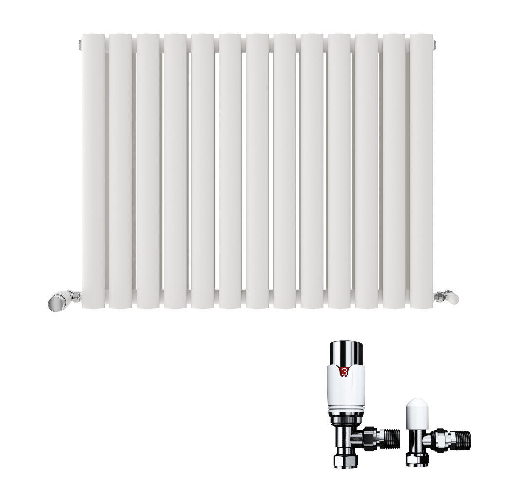 An iBathUK Strata Horizontal Double Oval Panel Designer Radiator in white is wall-mounted, with two chrome radiator valves shown separately in the bottom right corner.