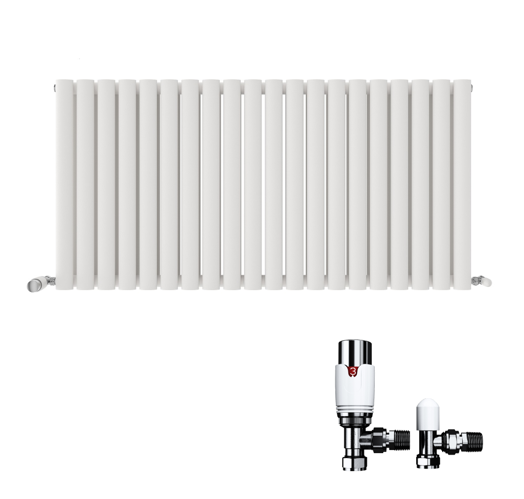 The iBathUK Strata Horizontal Radiator is a modern white double oval panel designer radiator, featuring evenly spaced vertical bars and shown with two separate chrome valves in the lower right corner.