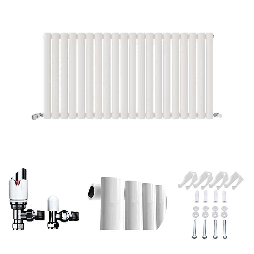 The iBathUK Strata Vertical Radiator, a single oval-panel anthracite designer radiator, is displayed above its installation accessories—valves, pipes, brackets, and mounting hardware—all neatly arranged on a white background.