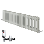The iBathUK Regency Horizontal Column Radiator is a slim, wall-mounted anthracite double panel radiator, ideal for bathrooms, kitchens, or living rooms. Shown with two radiator valves—one chrome/white and one black/white.