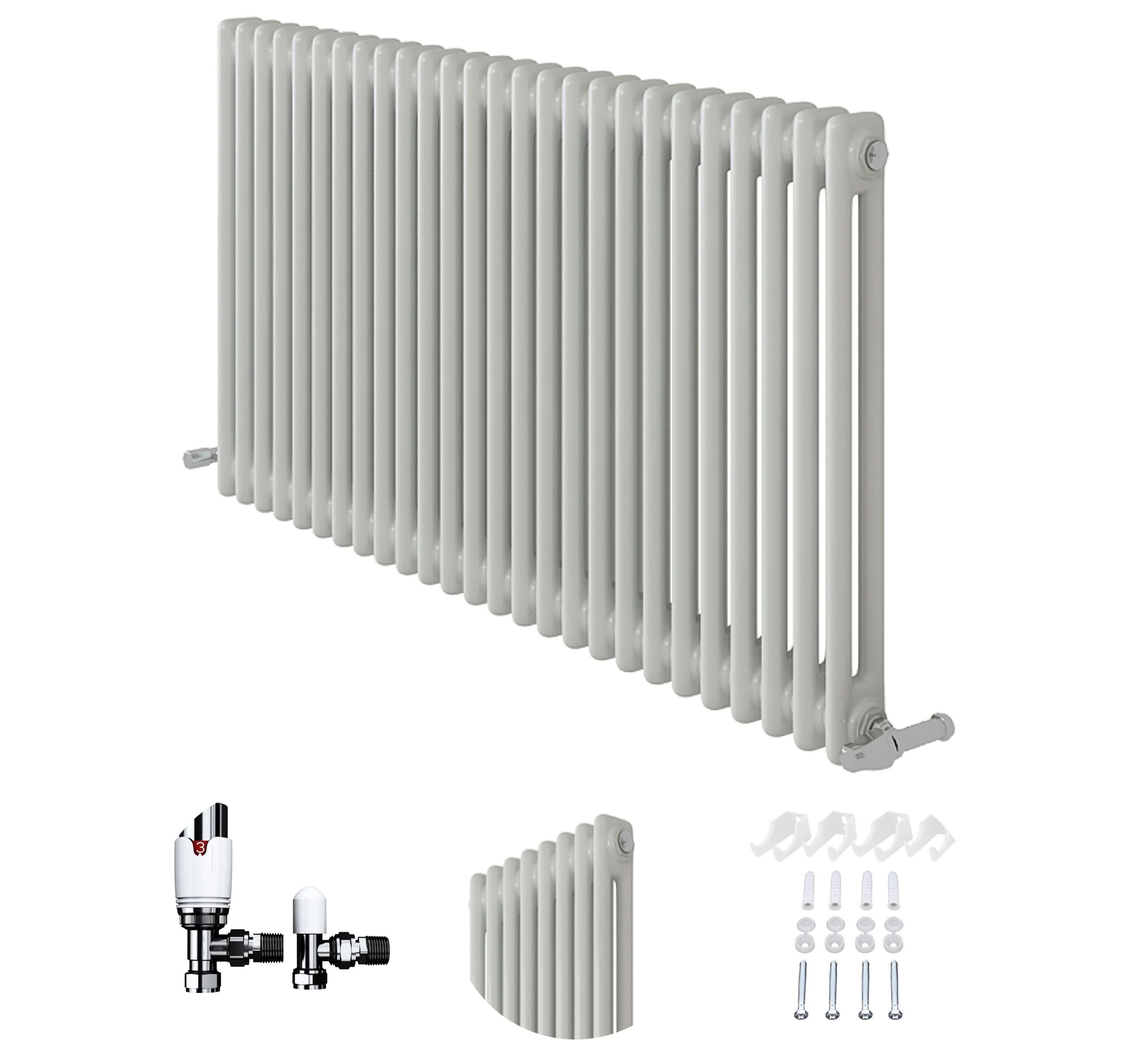 The iBathUK Regency Horizontal Column Radiator, Double Panel in Anthracite, is shown with installation accessories, angled valves, a close-up of its curved corner, and wall mounting brackets—ideal as a statement designer radiator for any room.