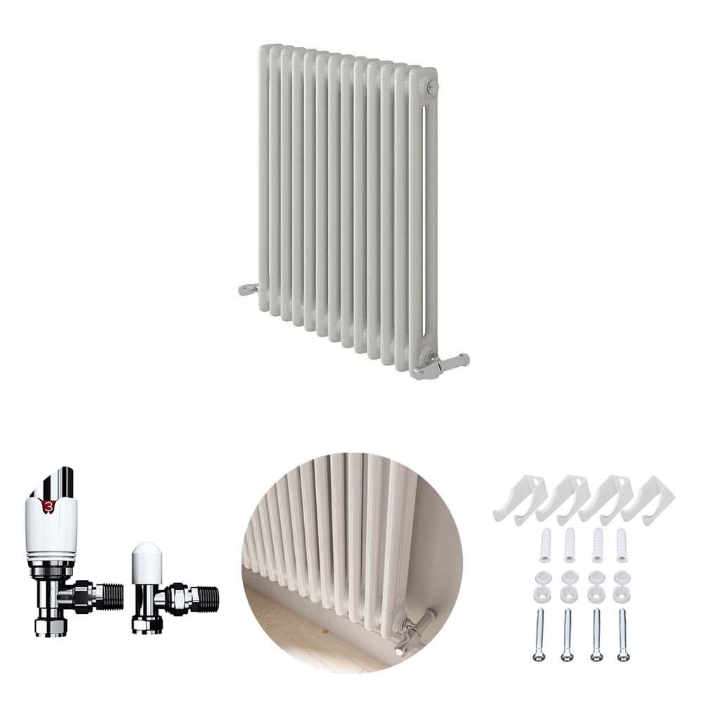 The iBathUK Regency Horizontal Column Radiator (double panel, anthracite) is displayed with its installation kit—radiator valve, wall brackets, and screws—plus a close-up of the slim radiator mounted on a wall in a modern room.