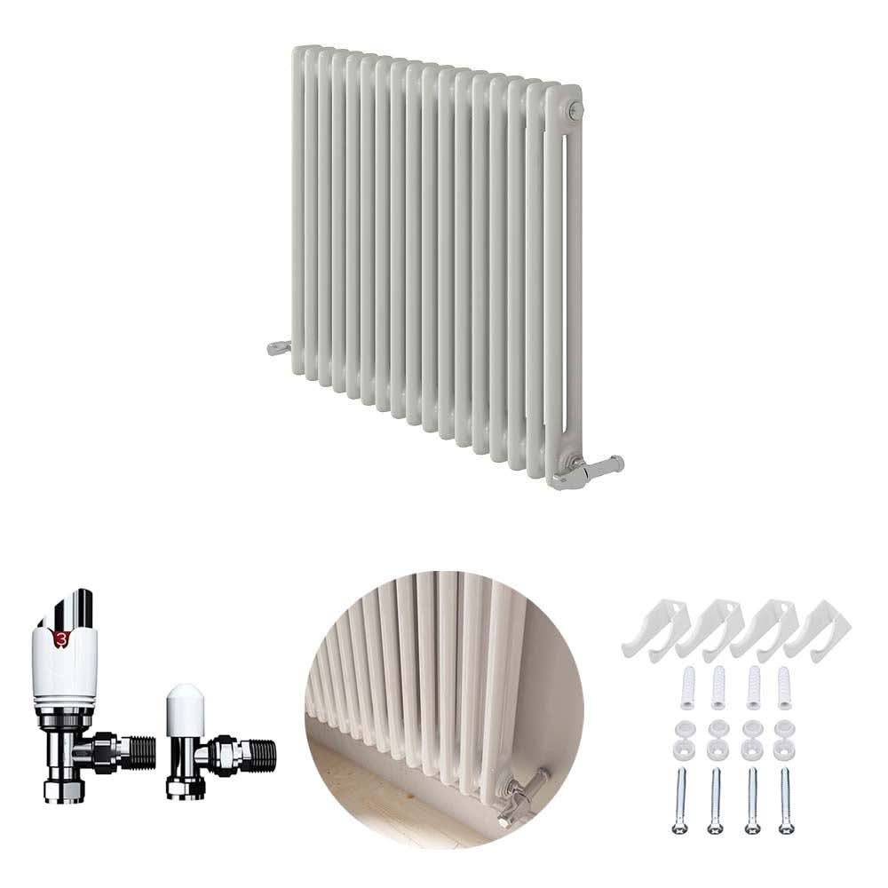 The iBathUK Regency Horizontal Double Panel Radiator in Anthracite is shown with mounting brackets, radiator valve, and installation hardware. A close-up highlights the slim designer radiator installed against a wall with visible floor fittings.