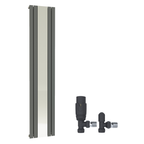 The iBathUK Apex Vertical Single Panel Radiator, featuring a slim flat mirrored panel and matt anthracite sides, is shown alongside black angled radiator valves and fittings by iBathUK on a white background.