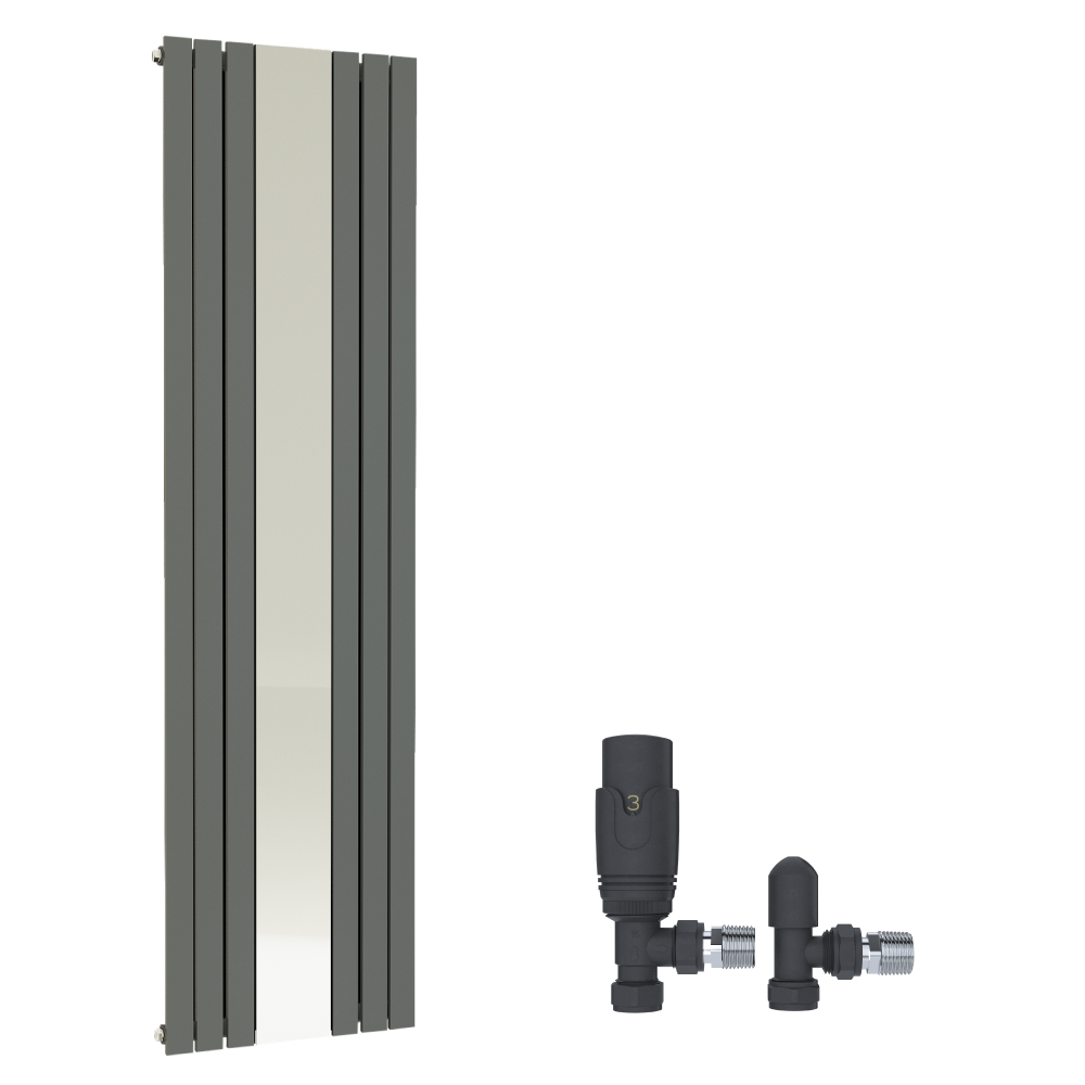 The iBathUK Apex Vertical Single Slim Flat Mirrored Panel Designer Radiator features a tall wall-mounted design in matt anthracite, shown with two black angled radiator valves and connecting fittings.