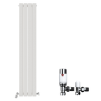 The iBathUK Apex Vertical Double Panel Slim Flat Designer Radiator by iBathUK, shown with two chrome radiator valves, features a tall, slim white design with three panels on a plain white background.