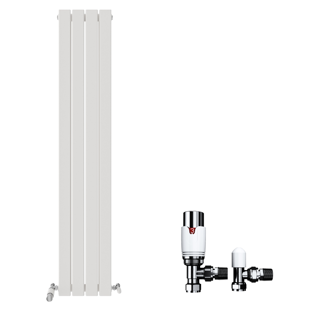 The iBathUK Apex Vertical Double Panel Slim Flat Designer Radiator by iBathUK, shown with two chrome radiator valves, features a tall, slim white design with three panels on a plain white background.
