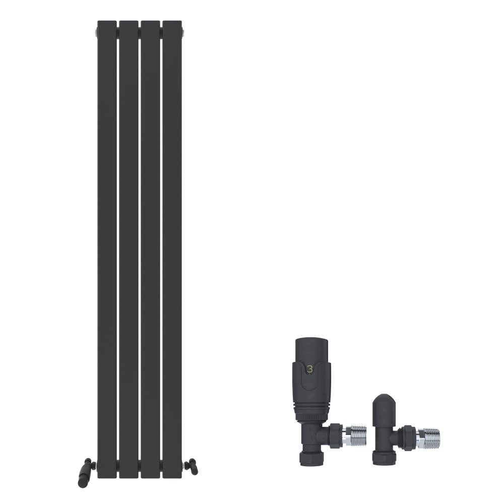 The iBathUK Apex Vertical Single Panel Slim Flat Designer Radiator is shown in anthracite with four slim panels on the left; matching black radiator valves and fittings by iBathUK are displayed separately to the right on a white background.