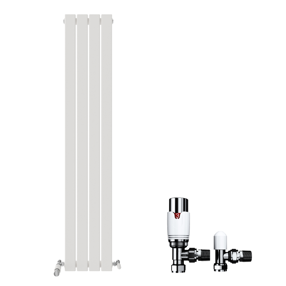 The iBathUK Apex Vertical Single Panel Slim Flat Designer Radiator stands upright, with two chrome radiator valves featuring black accents and one white cap displayed to the right, all set against a plain white background.