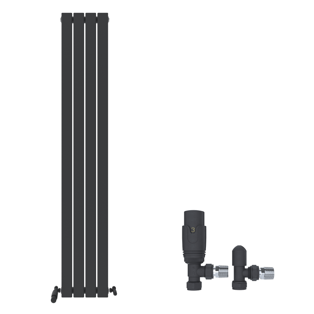 The iBathUK Apex Vertical Single Panel Slim Flat Radiator and two black valves are displayed on a white background, showcasing this modern designer radiator set by iBathUK.
