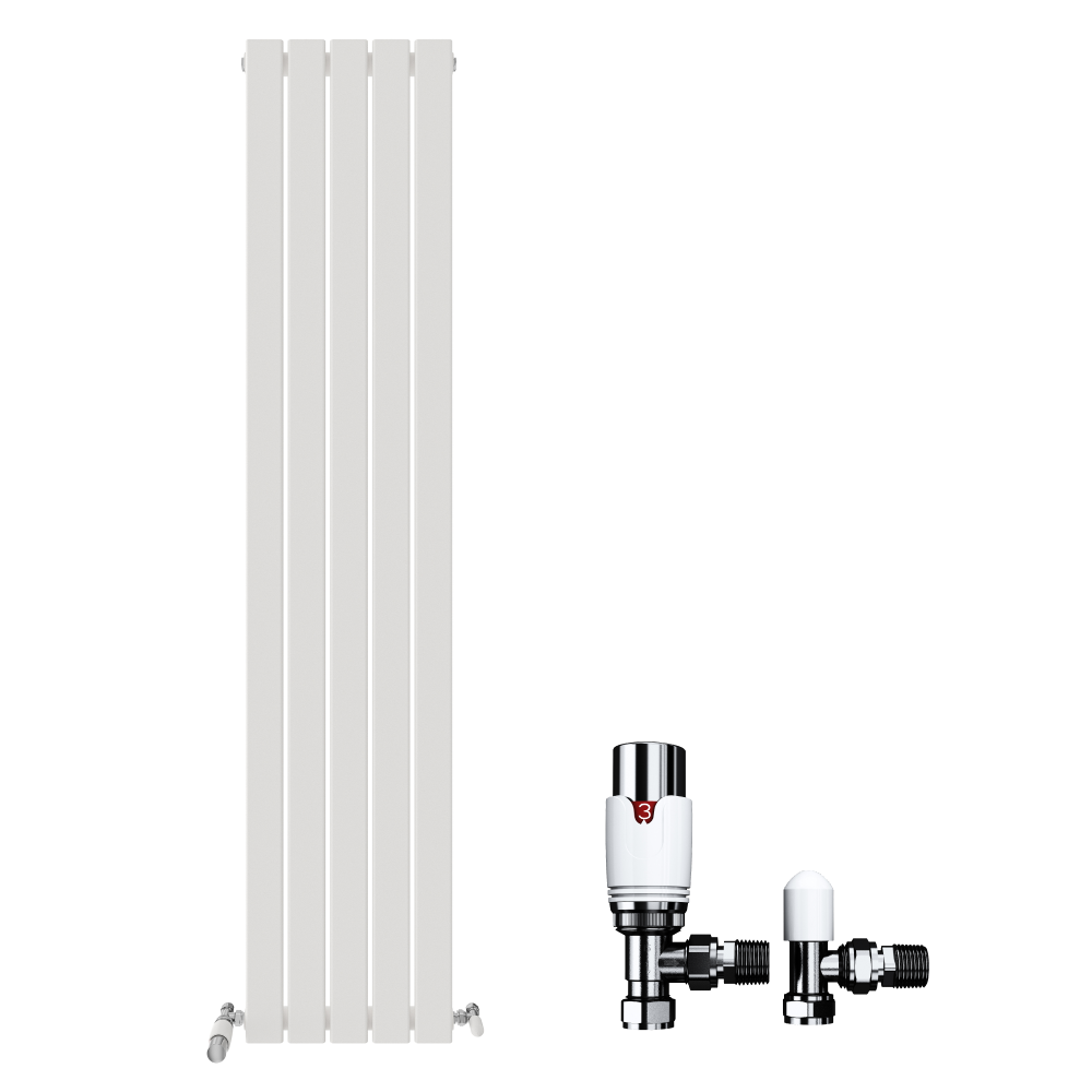 On the left is the iBathUK Apex Vertical Single Panel Slim Flat Designer Radiator in white by iBathUK, featuring a sleek, tall design. Two metallic radiator valves with black and white detailing are shown on the right against a plain white background.