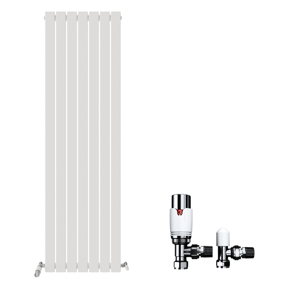 The iBathUK Apex Vertical Single Panel Slim Flat Radiator and two matching valves are displayed against a white background—ideal for those seeking a modern designer radiator from iBathUK.