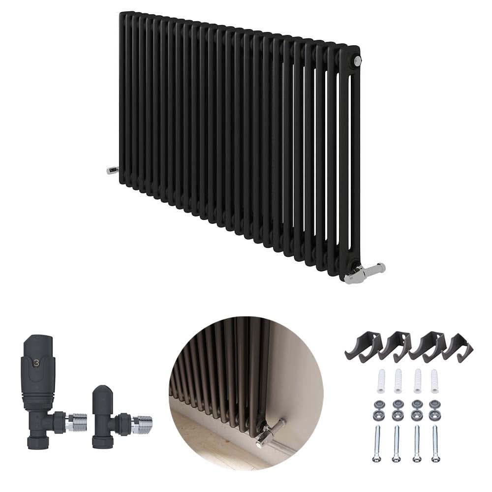 The iBathUK Regency Horizontal Column Radiator is a slim, double panel anthracite radiator for bathrooms, kitchens, or living rooms. Includes radiator valve, brackets, wall plugs, bolts, and an inset showing the radiator mounted on a wall.