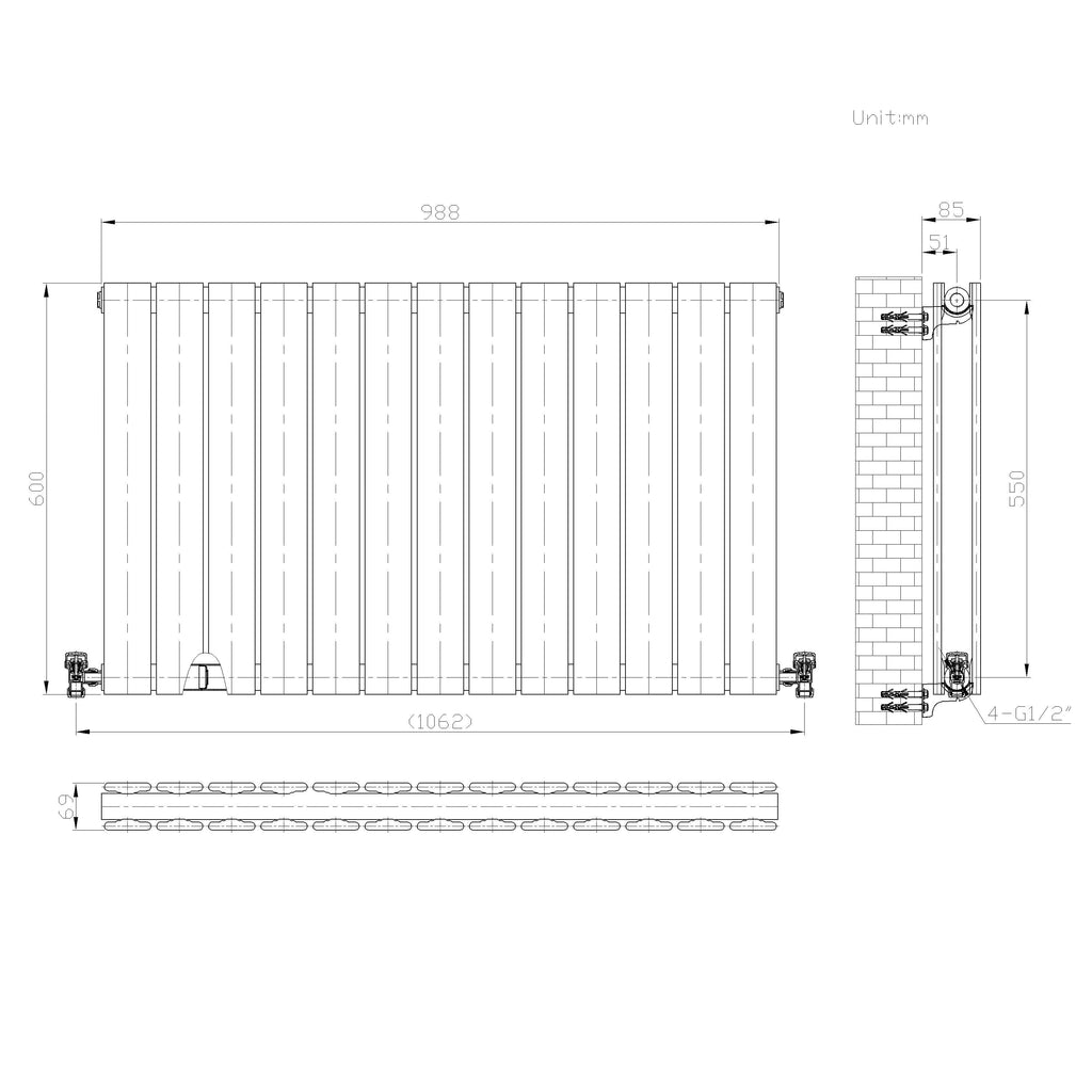 iBathUK Apex Horizontal Double Panel Slim Flat Radiator, Designer Radiator, UK Radiators, Slim Radiators