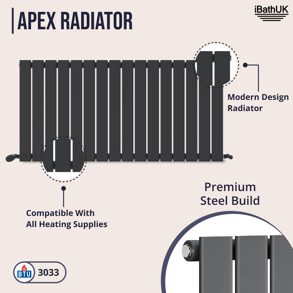 iBathUK Apex Horizontal Single Panel Slim Radiator, Designer Heating Radiators