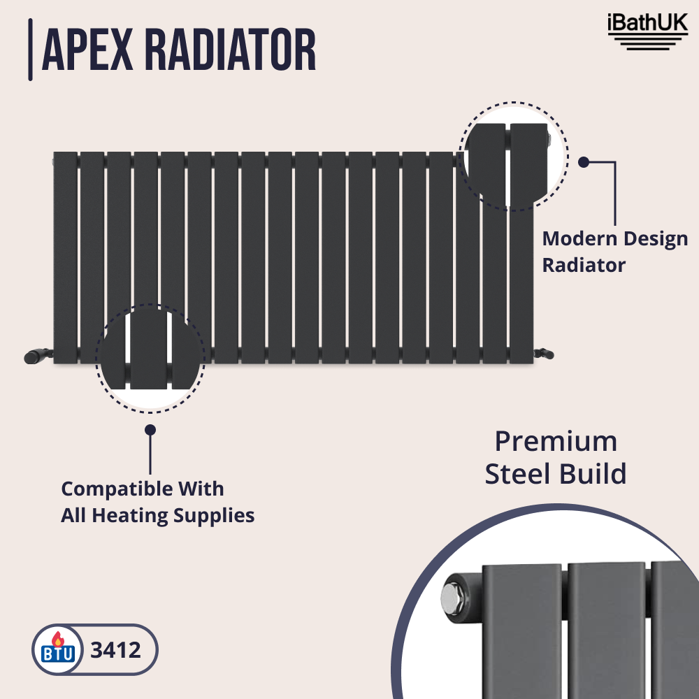 iBathUK Apex Horizontal Single Panel Slim Radiator, Designer Heating Radiators