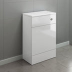 The iBathUK Harper Back To Wall WC Unit features a modern, white rectangular design with a gloss finish and minimalist style, making it ideal for a sleek bathroom upgrade. It stands against gray tiles and includes a top drawer with lock.