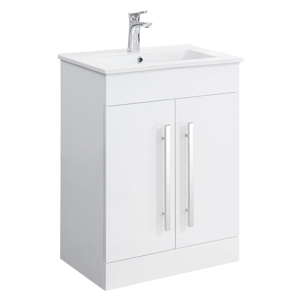 The iBathUK Avon 2 Door Floorstanding Vanity Unit With Basin (615mm x 815mm, 1 tap hole) features sleek long silver handles and two doors—a stylish contemporary bathroom unit ideal for modern spaces.