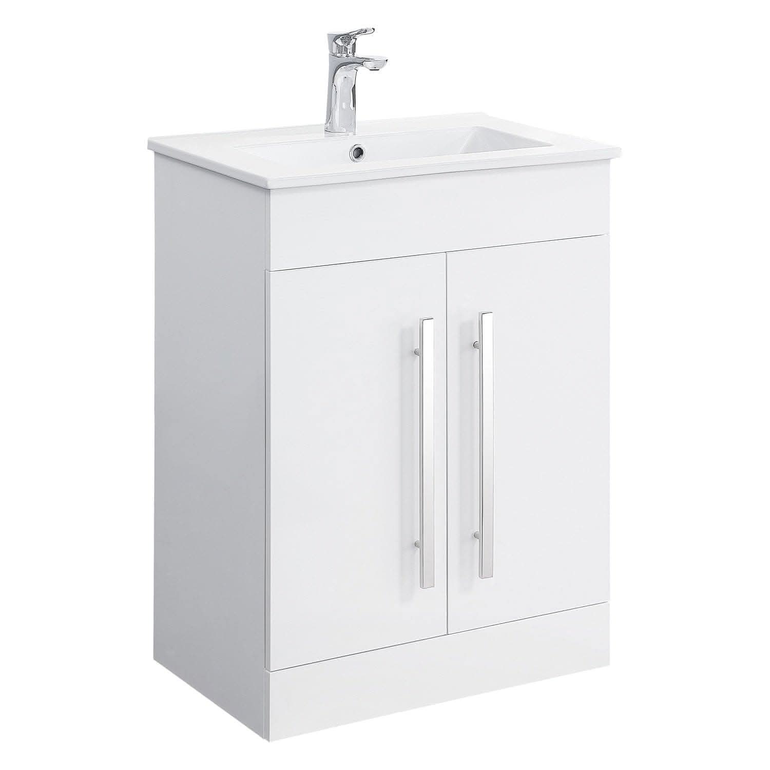The iBathUK Avon 2 Door Floorstanding Vanity Unit With Basin (615mm x 815mm, 1 tap hole) features sleek long silver handles and two doors—a stylish contemporary bathroom unit ideal for modern spaces.