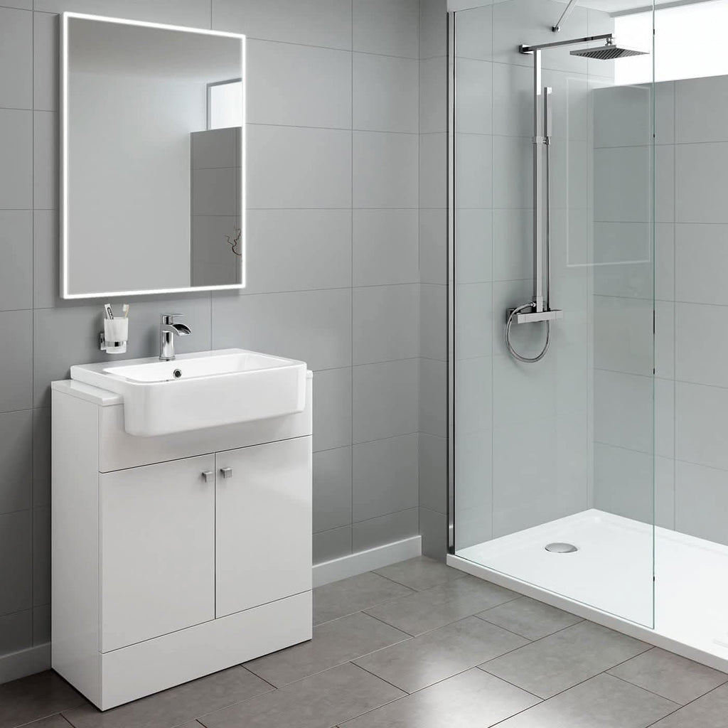 Modern bathroom with gray tiled walls, an iBathUK Harper 2 Door Floorstanding Vanity Unit with Semi Recessed Basin (660mm x 800mm), a rectangular backlit mirror, and a glass-enclosed rainfall shower. Clean, minimalist look.