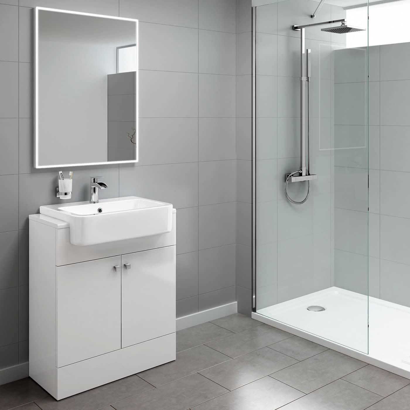 Modern bathroom with gray tiled walls, an iBathUK Harper 2 Door Floorstanding Vanity Unit with Semi Recessed Basin (660mm x 800mm), a rectangular backlit mirror, and a glass-enclosed rainfall shower. Clean, minimalist look.