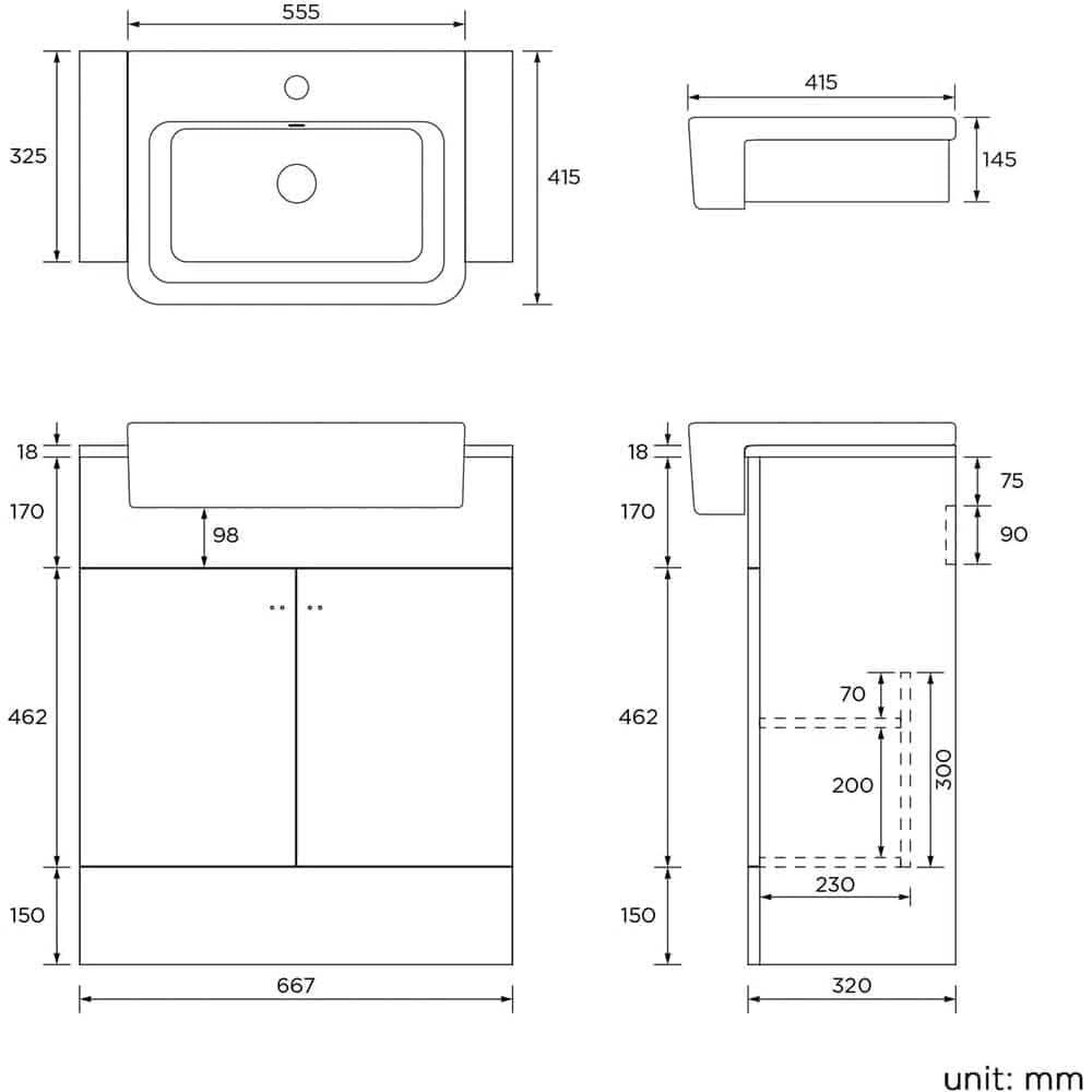 Technical drawing of the iBathUK Harper 2 Door Floorstanding Vanity Unit with Semi Recessed Basin (660mm x 800mm), showing front, side, and top views with detailed millimeter dimensions for width, height, depth, and spacing.